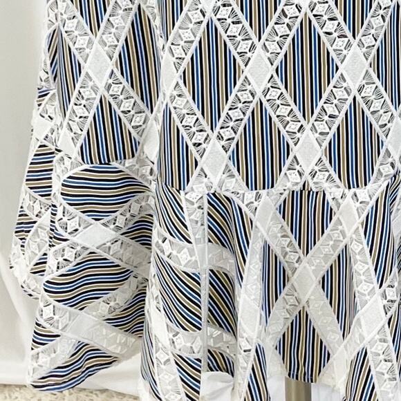 Sandro Womens US 4 Illa Midi Dress Striped Lace Cold Ruffle Shoulder Blue White - Picture 4 of 14